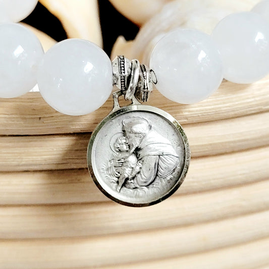 White Jade 10mm Beaded Bracelet w/ Silver Plated Rimmed Medal of St. Anthony & Our Lady of Lourdes