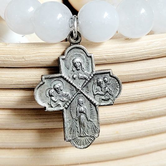 White Jade 10mm Beaded Bracelet w/ Silver Plated Four Way Cross