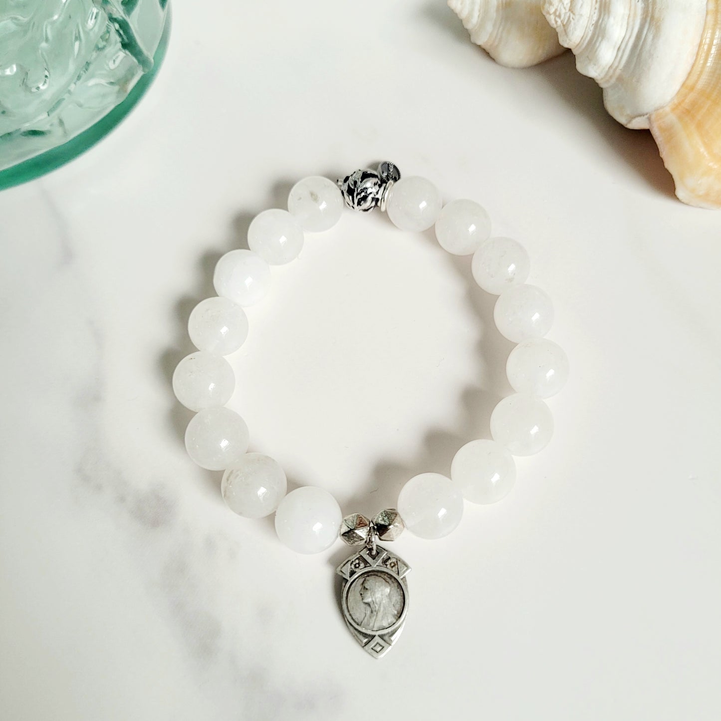White Jade 10mm Beaded Bracelet w/ Signed Silver Plated Art Deco image of Mary Medal