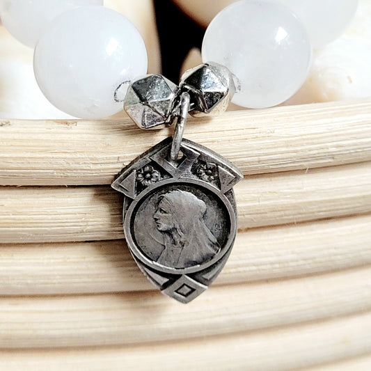 White Jade 10mm Beaded Bracelet w/ Signed Silver Plated Art Deco image of Mary Medal