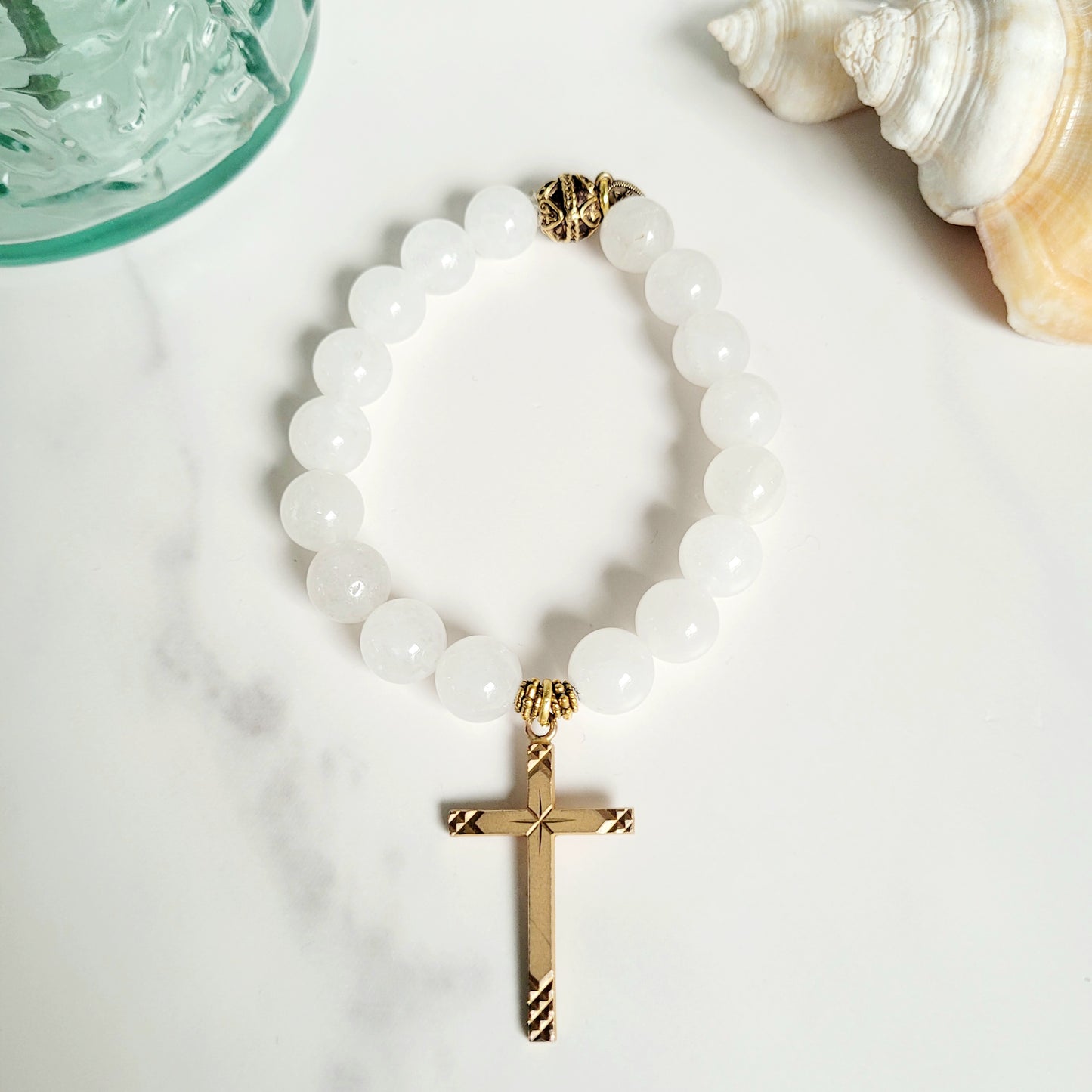 White Jade 10mm Beaded Bracelet w/ Gold Plated Simply Decorated Cross