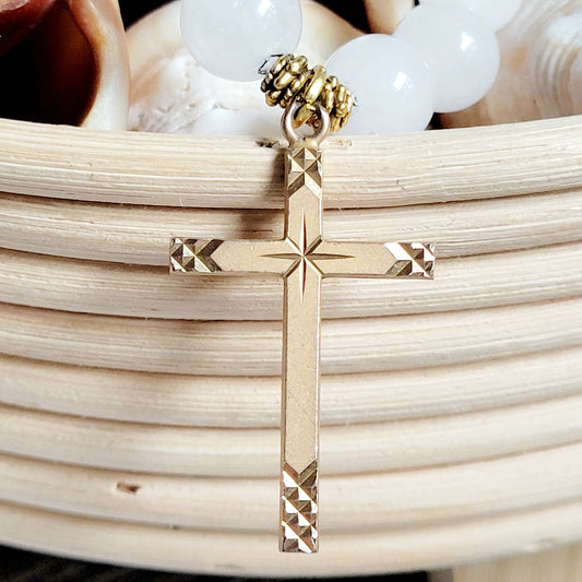 White Jade 10mm Beaded Bracelet w/ Gold Plated Simply Decorated Cross