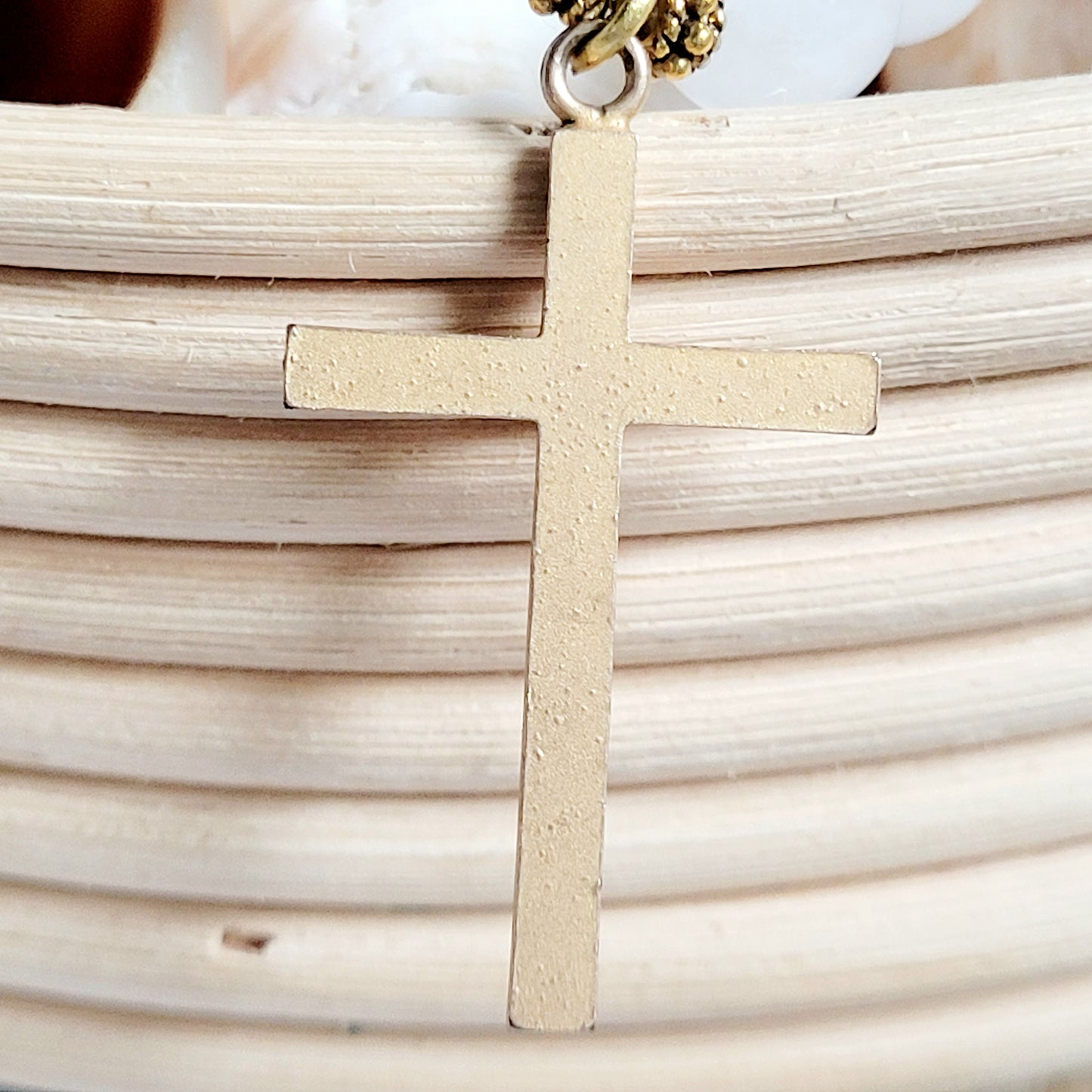 White Jade 10mm Beaded Bracelet w/ Gold Plated Simply Decorated Cross
