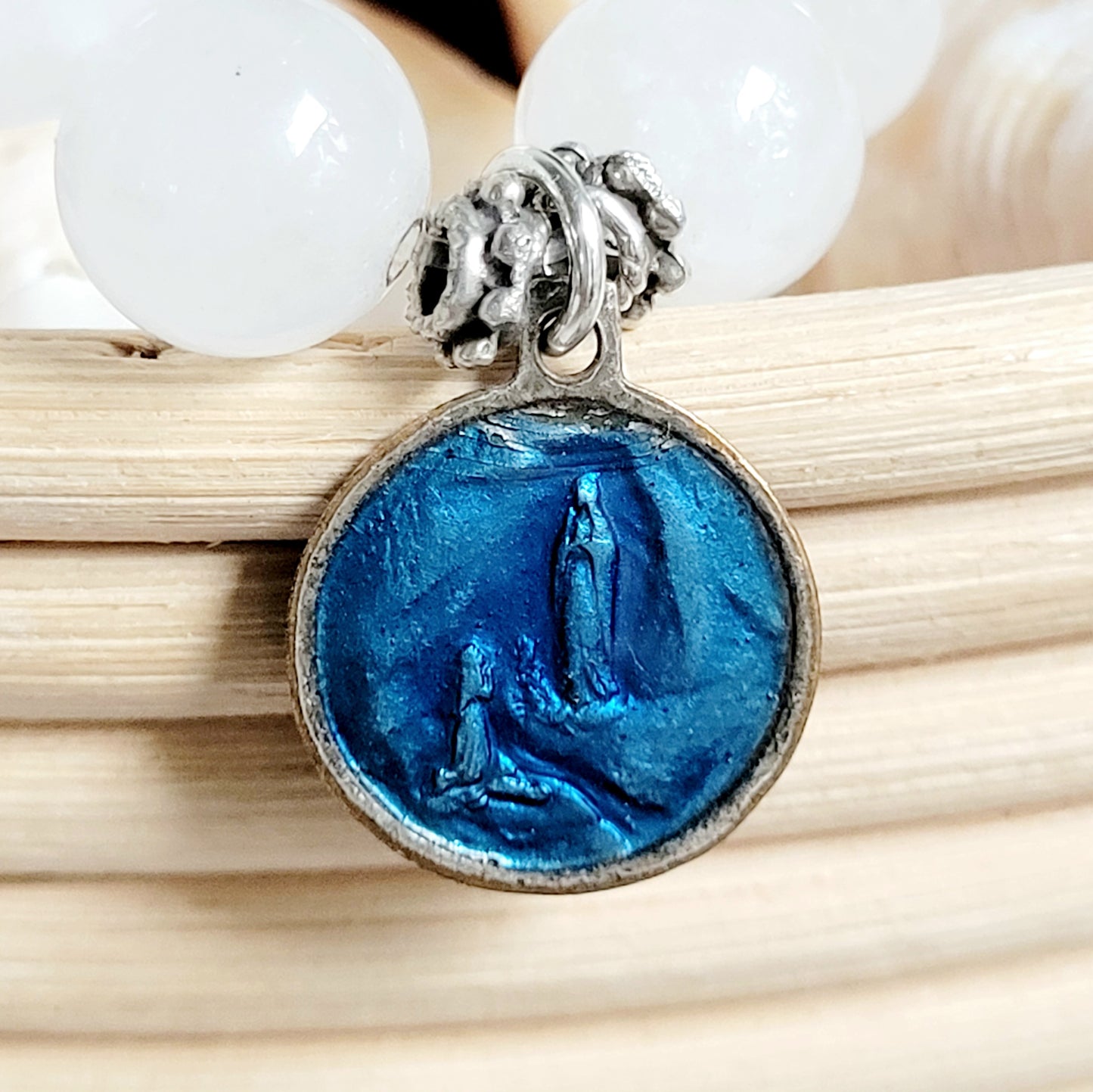 White Jade 10mm Beaded Bracelet w/ Silver Plated Blue Enameled Image of Our Lady of Lourdes
