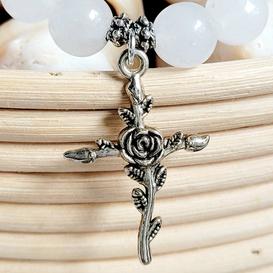 White Jade 10mm Beaded Bracelet w/ Silver Plated Rose & Vines Cross