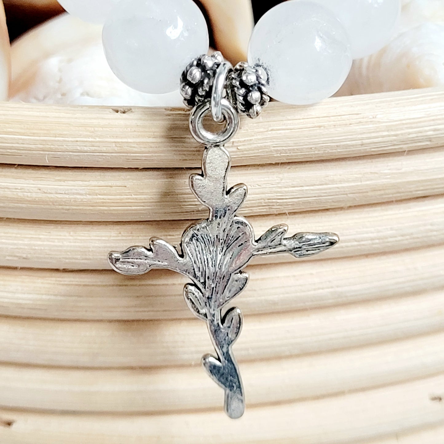 White Jade 10mm Beaded Bracelet w/ Silver Plated Rose & Vines Cross