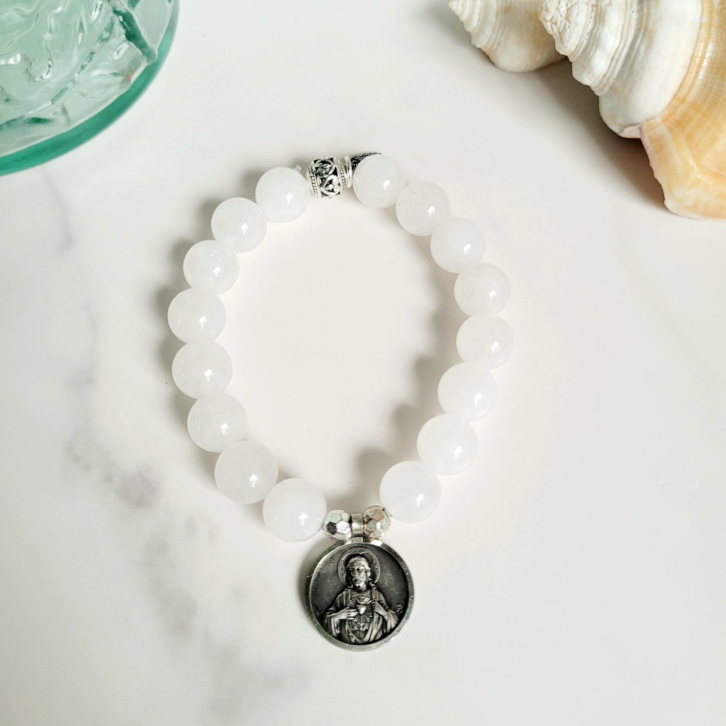 White Jade 10mm Beaded Bracelet w/ Signed Silver Plated Image of the Sacred Heart of Jesus