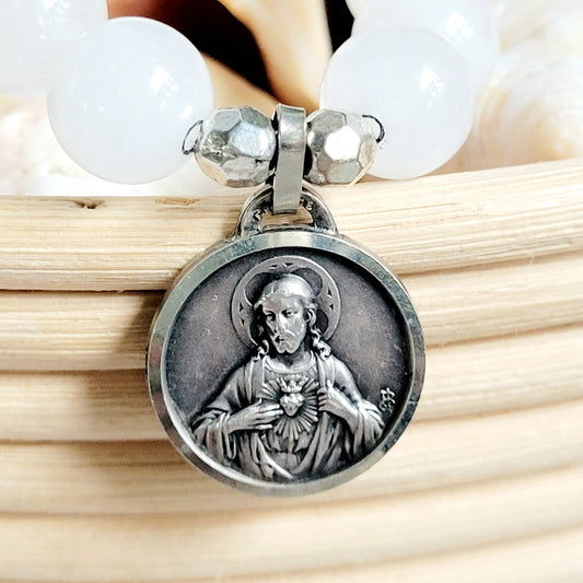 White Jade 10mm Beaded Bracelet w/ Signed Silver Plated Image of the Sacred Heart of Jesus