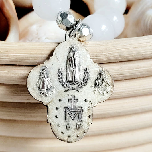 White Jade 10mm Beaded Bracelet w/ Silver Plated Four Way Cross