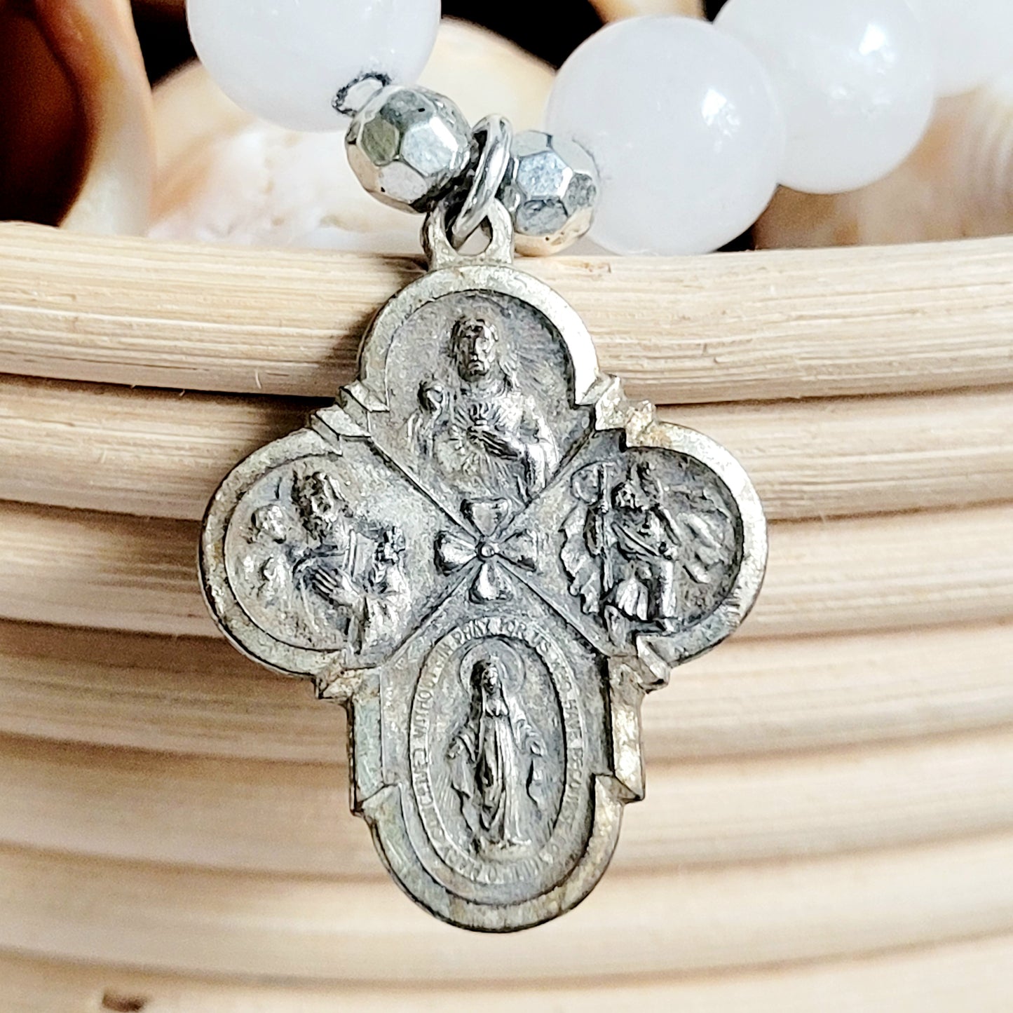 White Jade 10mm Beaded Bracelet w/ Silver Plated Four Way Cross