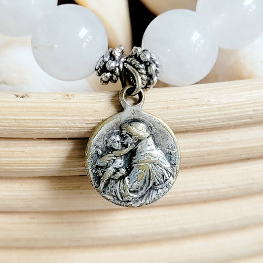White Jade 10mm Beaded Bracelet w/ Signed Silver Plated Medal of St. Anthony of Padua