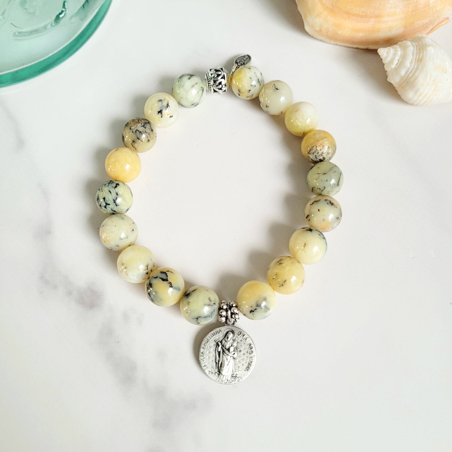 African Opal 10mm Beaded Bracelet w/ Signed Silver Plated Medal of Sancta Apollonia