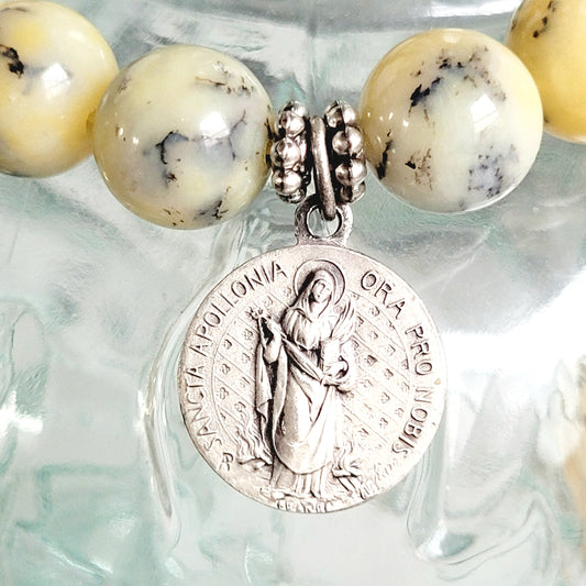 African Opal 10mm Beaded Bracelet w/ Signed Silver Plated Medal of Sancta Apollonia