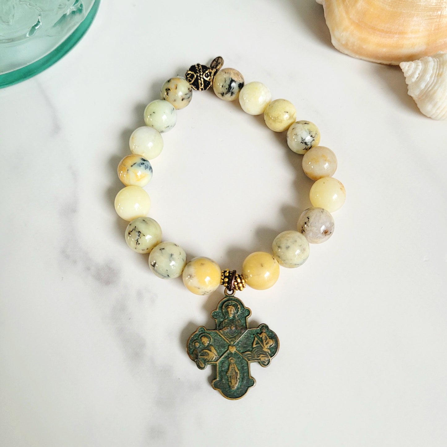 African Opal 10mm Beaded Bracelet w/ Bronze Four Way Cross