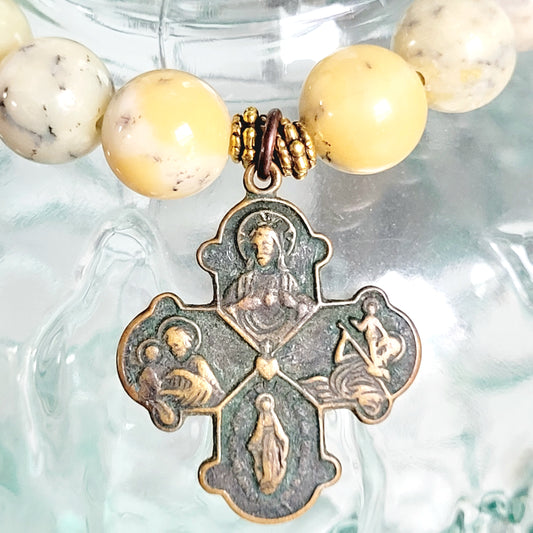 African Opal 10mm Beaded Bracelet w/ Bronze Four Way Cross