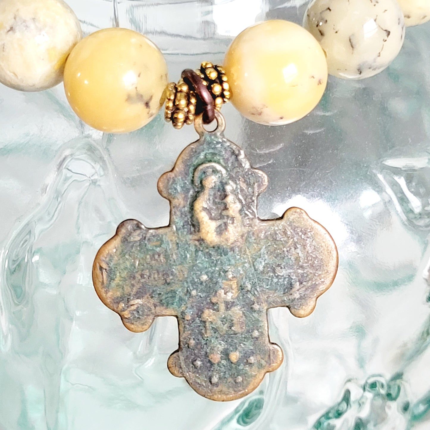 African Opal 10mm Beaded Bracelet w/ Bronze Four Way Cross
