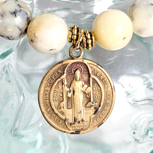 African Opal 10mm Beaded Bracelet w/ Bronze St. Benedict Medal