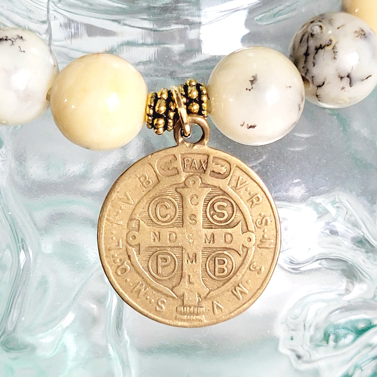 African Opal 10mm Beaded Bracelet w/ Bronze St. Benedict Medal