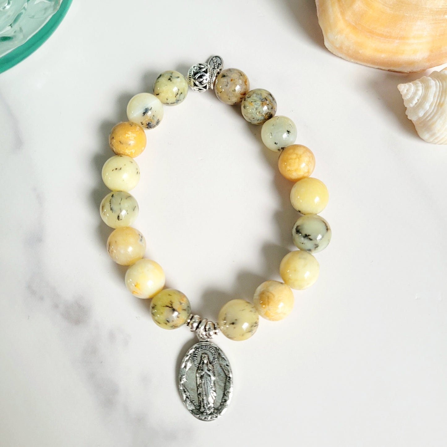 African Opal 10mm Beaded Bracelet w/ Signed Silver Plated Medal of I am the Immaculate Conception