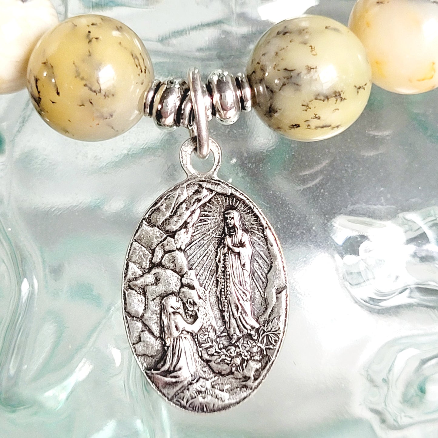 African Opal 10mm Beaded Bracelet w/ Signed Silver Plated Medal of I am the Immaculate Conception