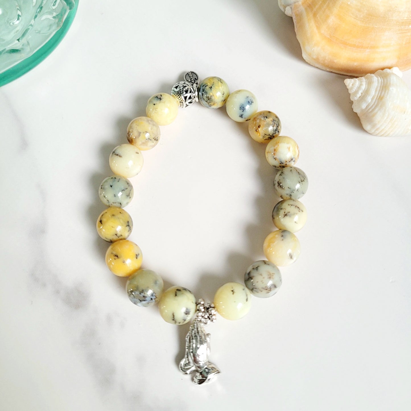 African Opal 10mm Beaded Bracelet w/ Silver Plated Medal of Praying Hands
