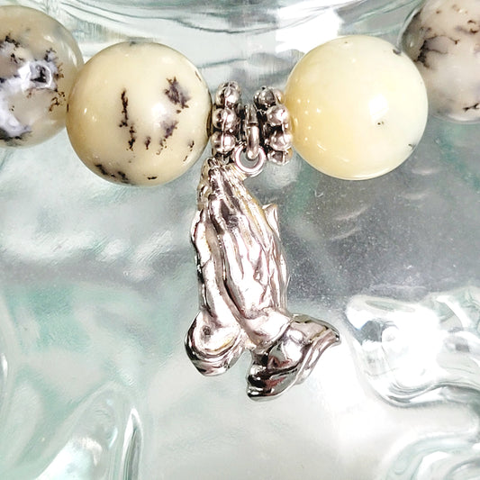 African Opal 10mm Beaded Bracelet w/ Silver Plated Medal of Praying Hands