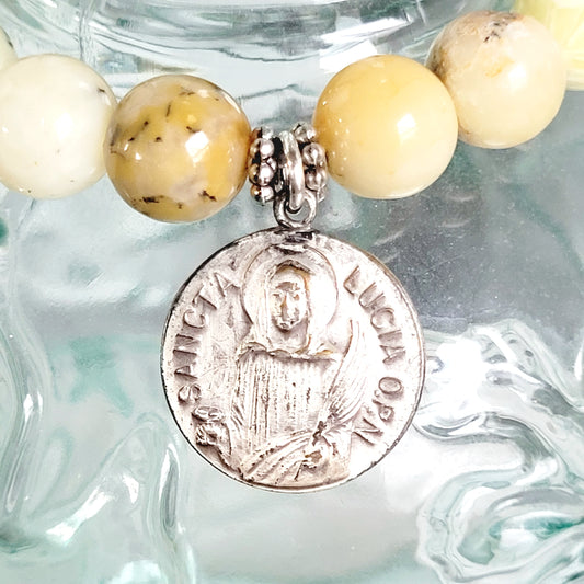African Opal 10mm Beaded Bracelet w/ Silver Plated Medal of Santa Lucia