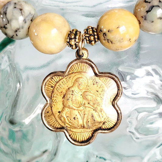 African Opal 10mm Beaded Bracelet w/ Gold Plated Medal of St. Anne