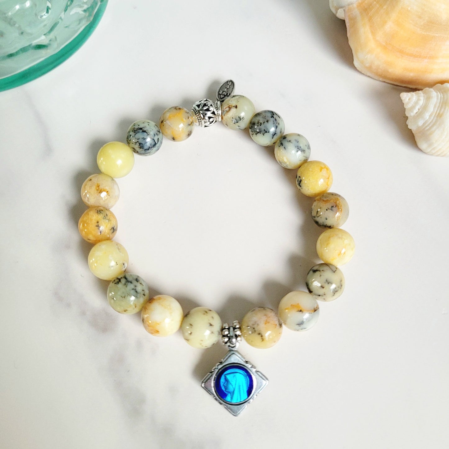 African Opal 10mm Beaded Bracelet w/ Silver Plated Blue Enamel Medal of Our Lady of Lourdes