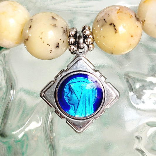 African Opal 10mm Beaded Bracelet w/ Silver Plated Blue Enamel Medal of Our Lady of Lourdes