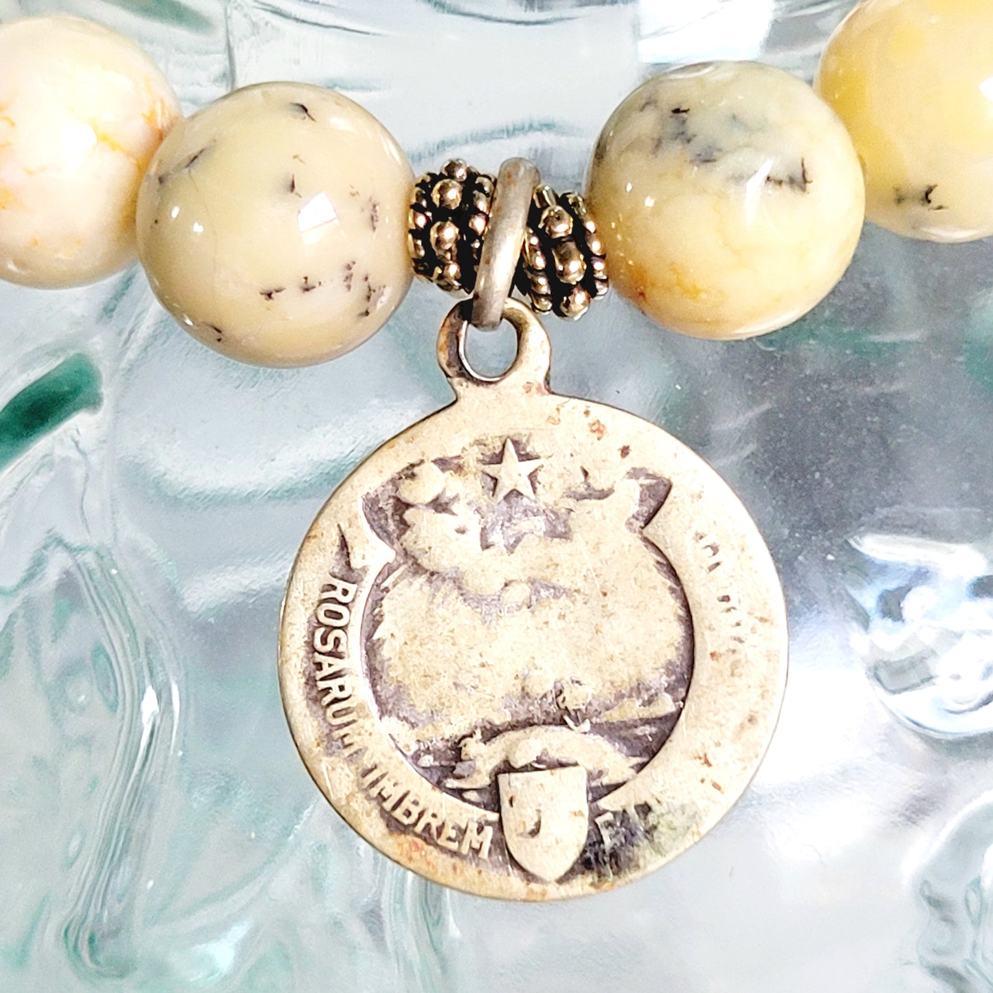 African Opal 10mm Beaded Bracelet w/ Signed Silver Plated Medal of St. Therese of the Little Flower