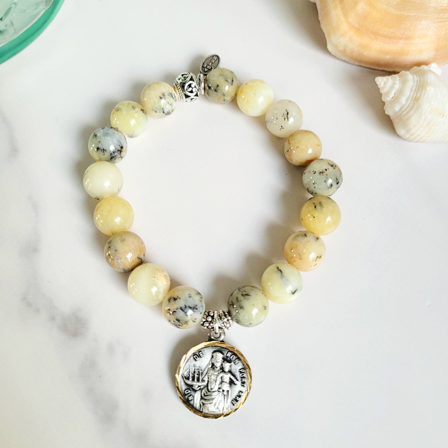 African Opal 10mm Beaded Bracelet w/ Silver Plate Medal of Notre Dame de Bon Port
