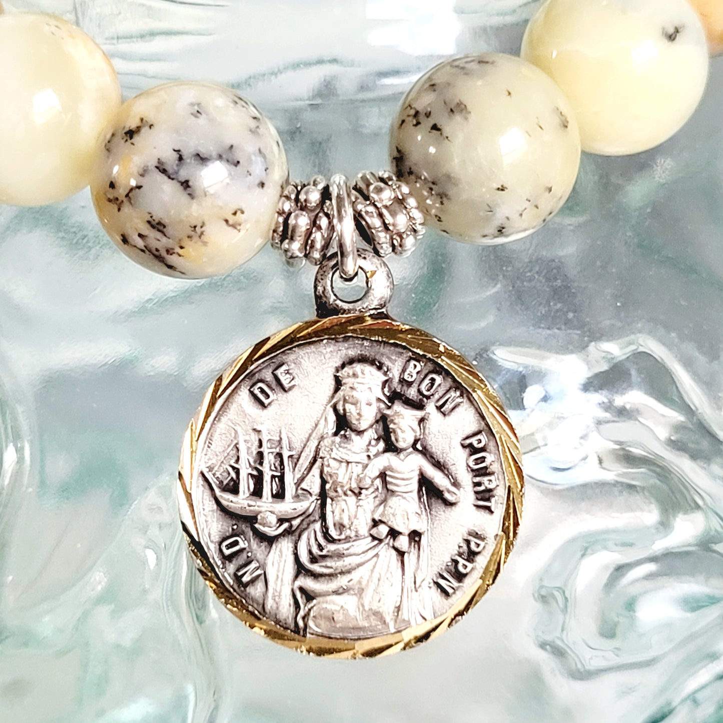 African Opal 10mm Beaded Bracelet w/ Silver Plate Medal of Notre Dame de Bon Port