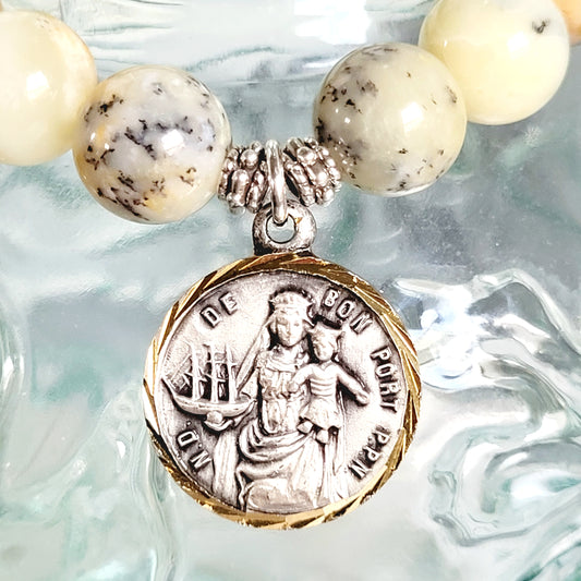 African Opal 10mm Beaded Bracelet w/ Silver Plated Medal of Notre Dame de Bon Port