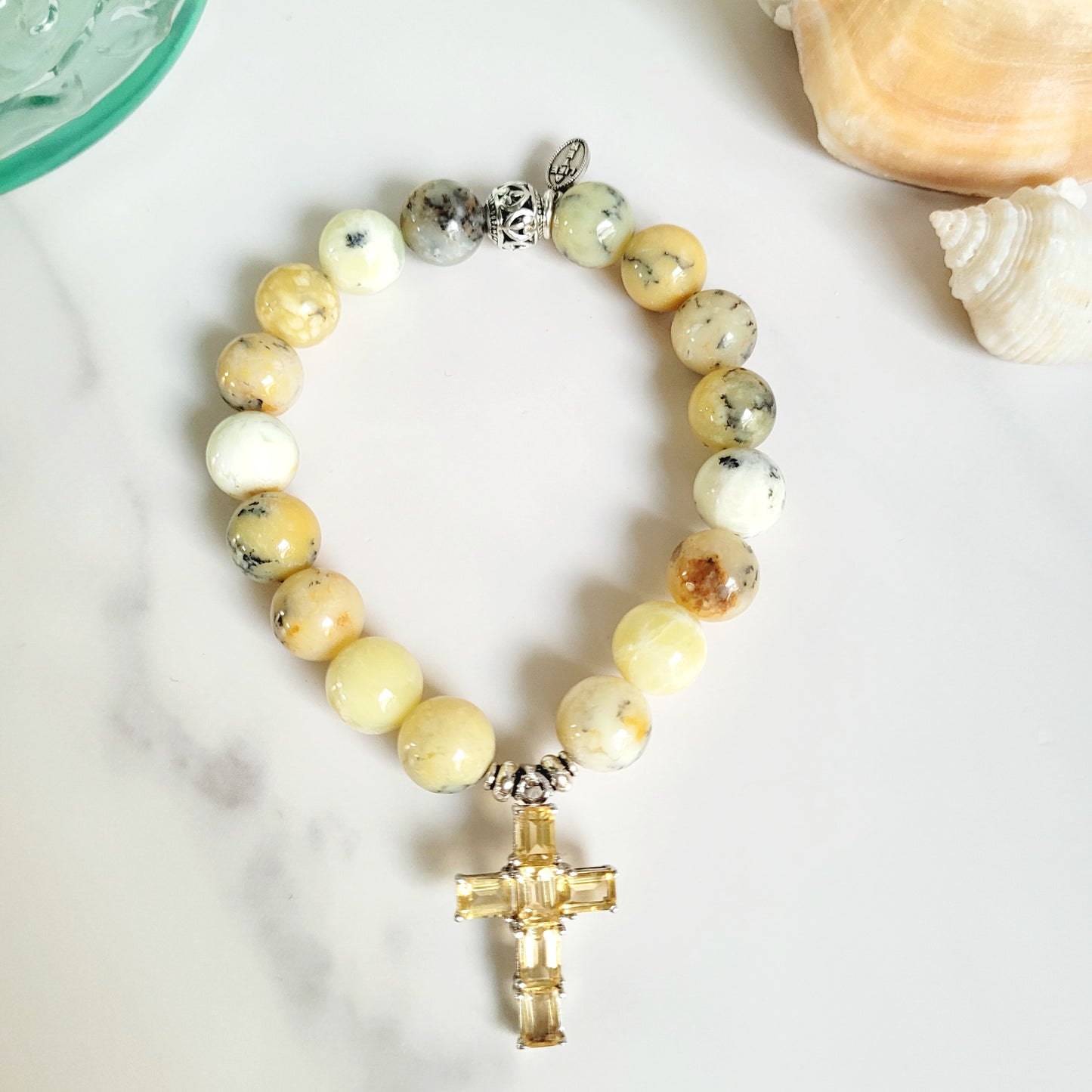 African Opal 10mm Beaded Bracelet w/ Sterling Silver Cross with Citrines