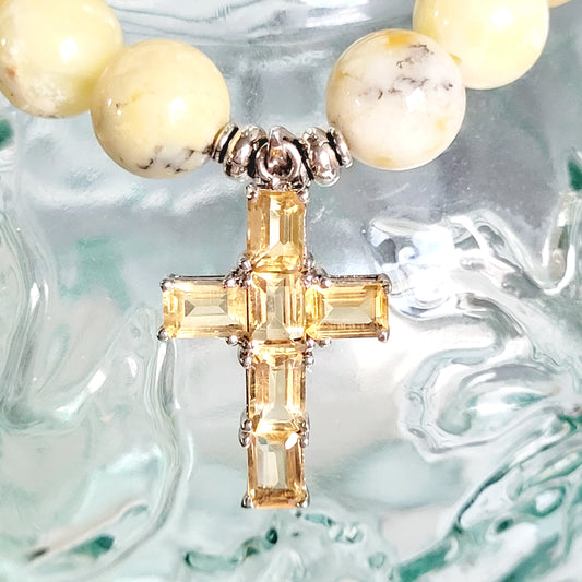 African Opal 10mm Beaded Bracelet w/ Sterling Silver Cross with Citrines