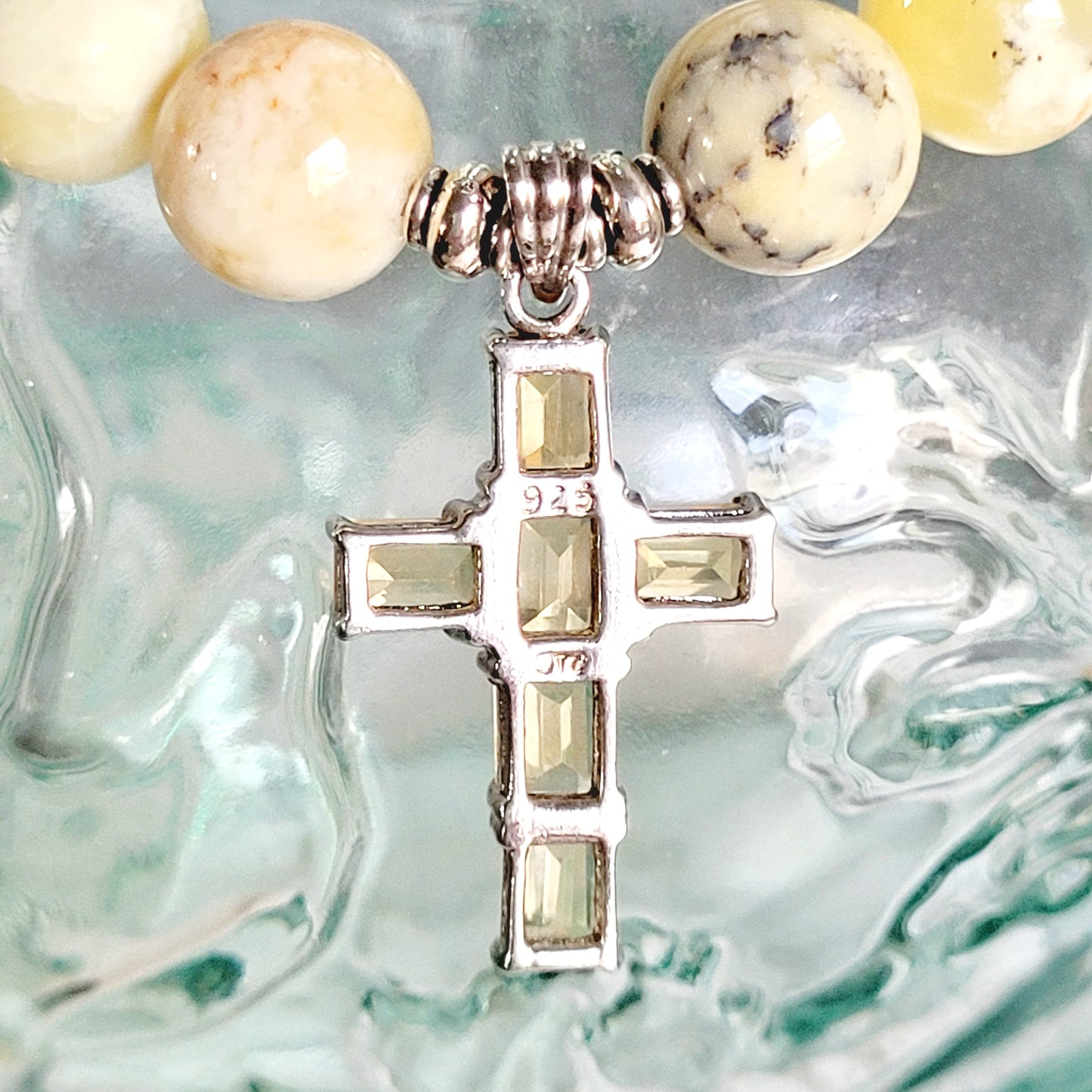African Opal 10mm Beaded Bracelet w/ Sterling Silver Cross with Citrines
