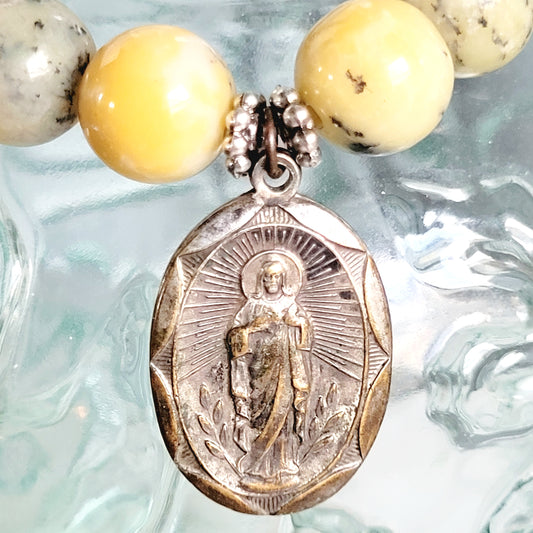 African Opal 10mm Beaded Bracelet w/ Silver Plated Medal of The Sacred Heart of Jesus