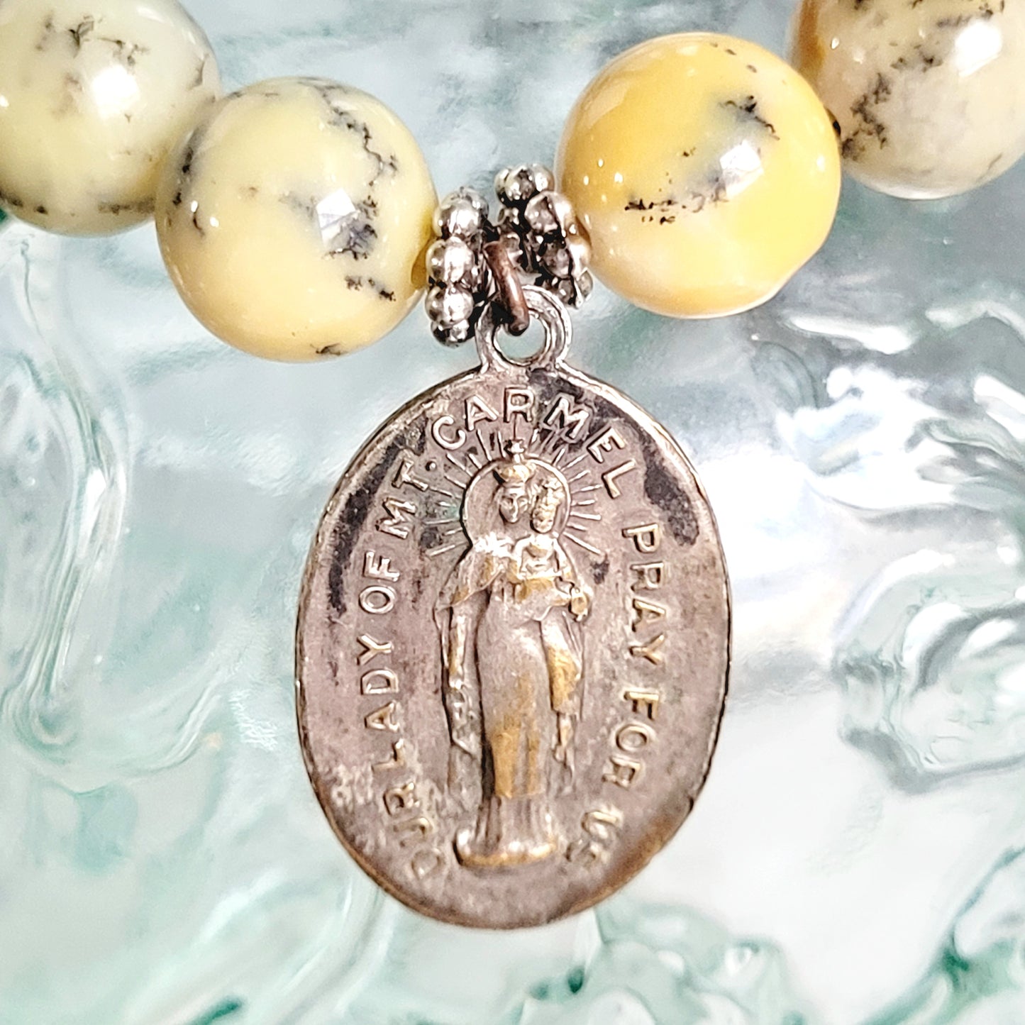 African Opal 10mm Beaded Bracelet w/ Silver Plated Medal of The Sacred Heart of Jesus