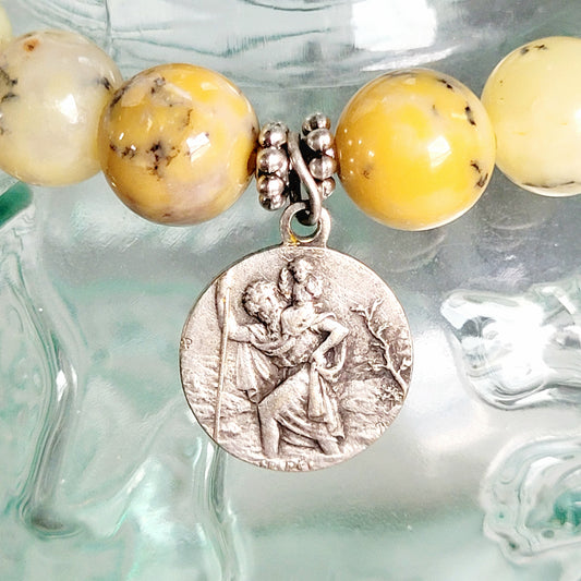 African Opal 10mm Beaded Bracelet w/ Silver Plated Signed Medal of St. Christopher