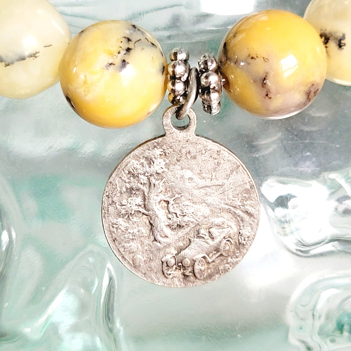African Opal 10mm Beaded Bracelet w/ Silver Plated Signed Medal of St. Christopher