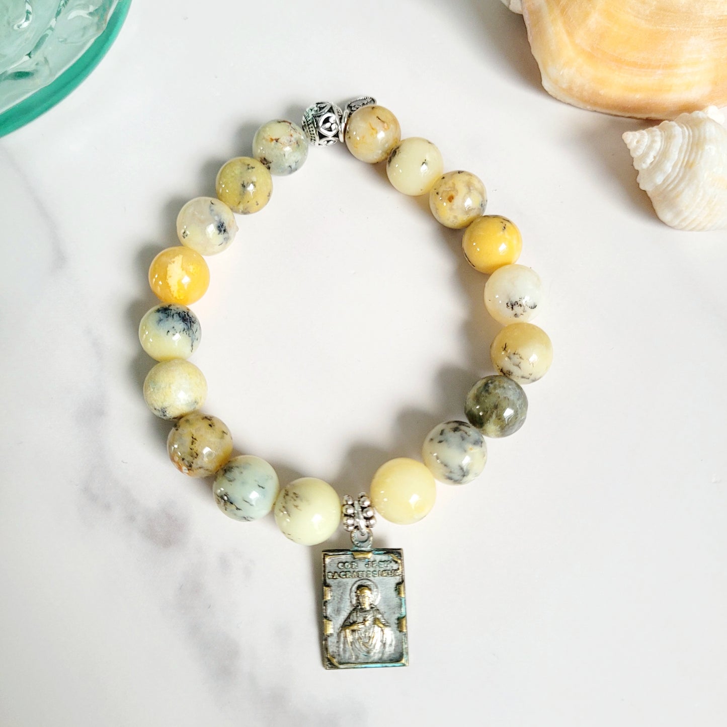 African Opal 10mm Beaded Bracelet w/ Vintage Silver Plated Medal of Sacred Heart of Jesus