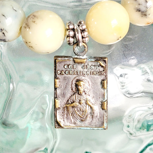 African Opal 10mm Beaded Bracelet w/ Vintage Silver Plated Medal of Sacred Heart of Jesus