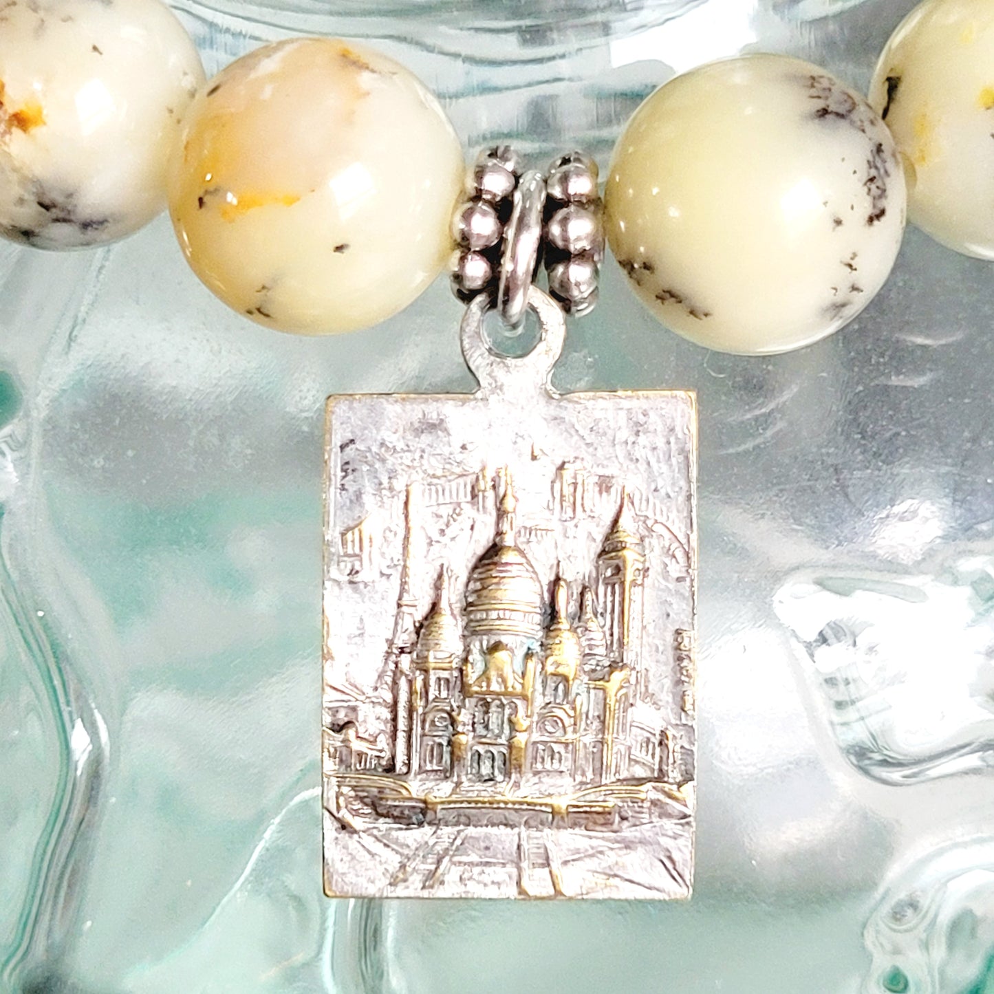 African Opal 10mm Beaded Bracelet w/ Vintage Silver Plated Medal of Sacred Heart of Jesus