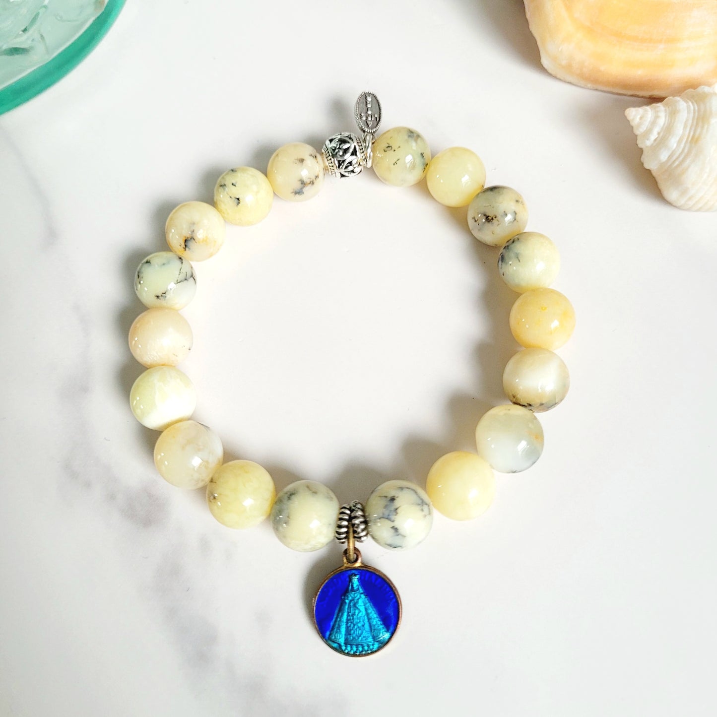 African Opal 10mm Beaded Bracelet w/ Vintage Bronze Blue Enamel Notre Dame de Hal