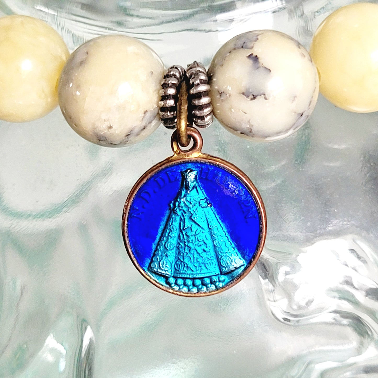 African Opal 10mm Beaded Bracelet w/ Vintage Bronze Blue Enamel Notre Dame de Hal