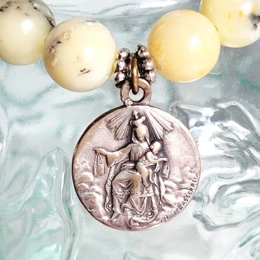 African Opal 10mm Beaded Bracelet w/ Antique Silver Plated Signed Medal of Our Lady of Mount Carmel & Sacred Heart of Jesus