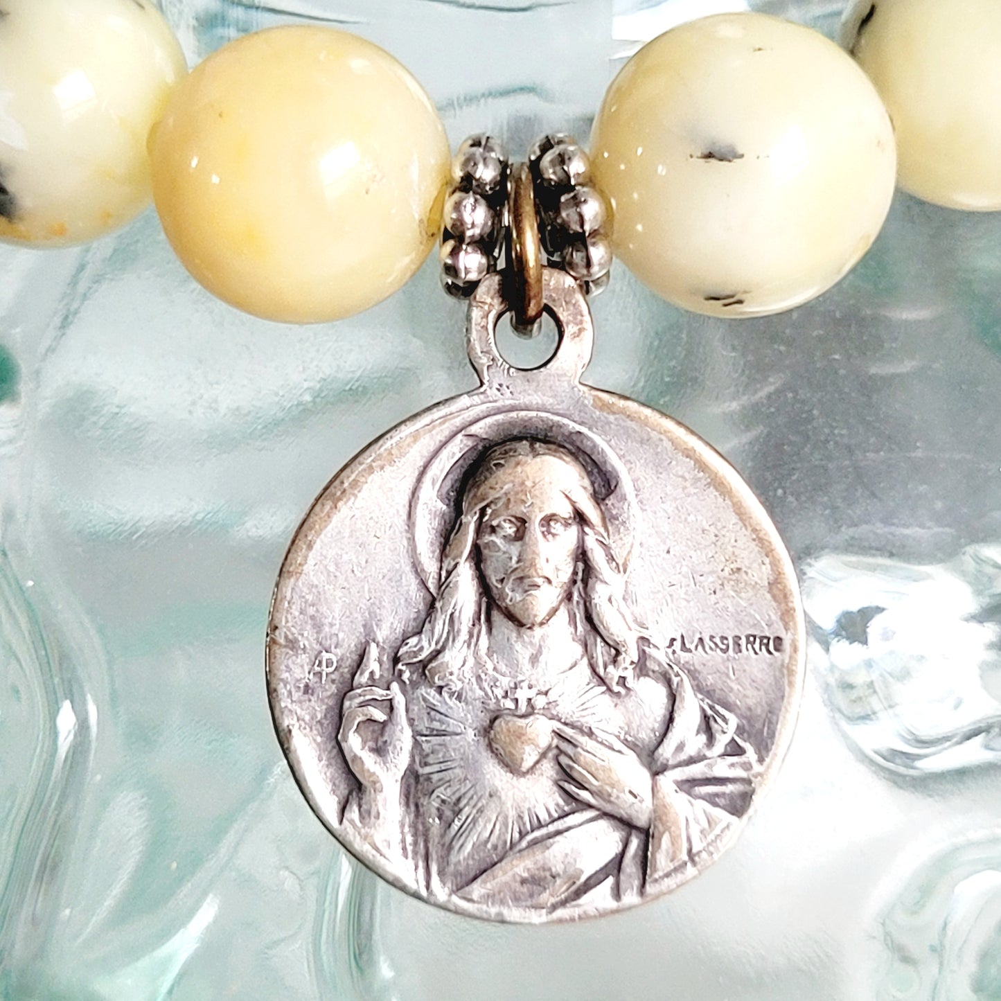 African Opal 10mm Beaded Bracelet w/ Antique Silver Plated Signed Medal of Our Lady of Mount Carmel & Sacred Heart of Jesus