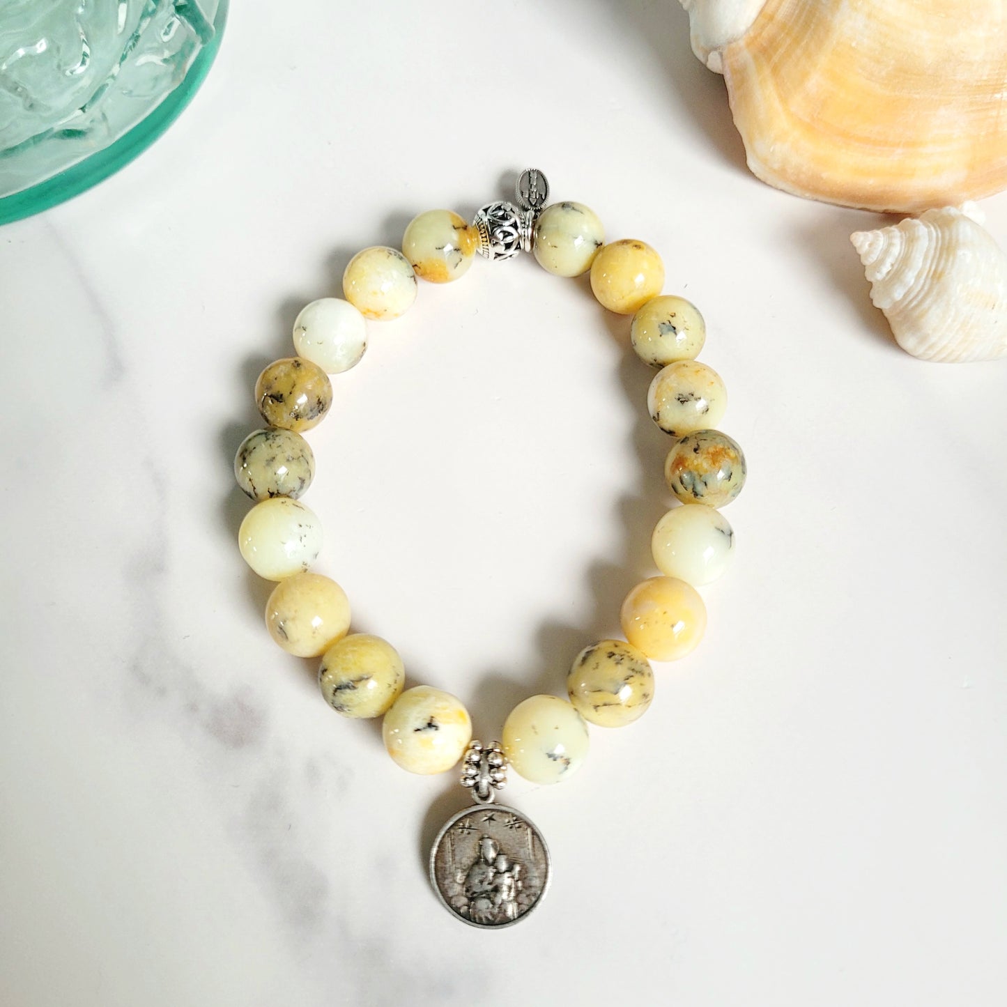 African Opal 10mm Beaded Bracelet w/ Antique Silver Plated Signed CD Medal of Our Lady of Mount Carmel and The Sacred Heart of Jesus
