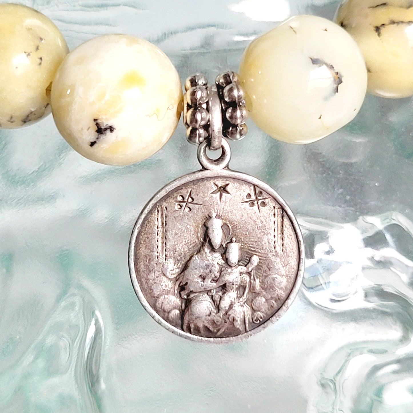 African Opal 10mm Beaded Bracelet w/ Antique Silver Plated Signed CD Medal of Our Lady of Mount Carmel and The Sacred Heart of Jesus